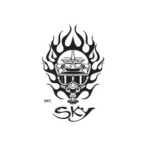 Graffiti pilot decal sticker with open book, flames, and SKY text in black