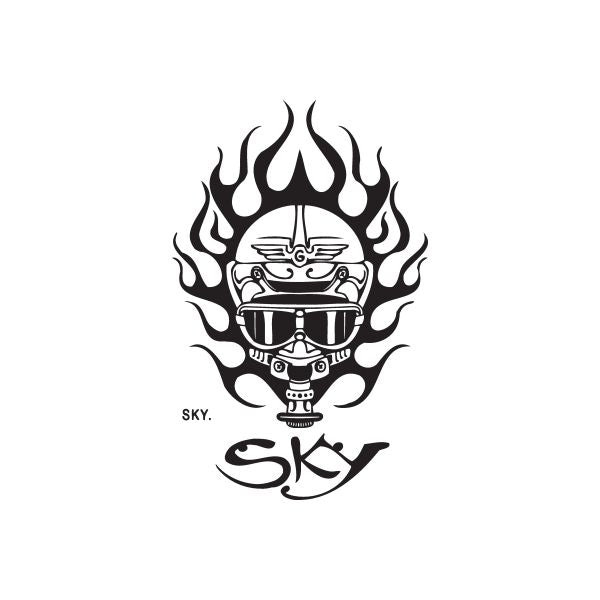 Graffiti pilot decal sticker with open book, flames, and SKY text in black
