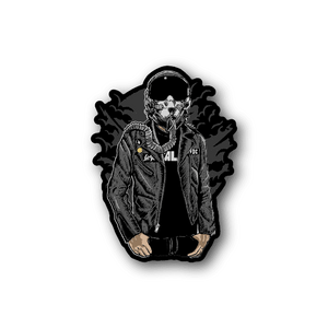 Pilot helmet vinyl sticker of a rider in jacket and helmet, black and gray design