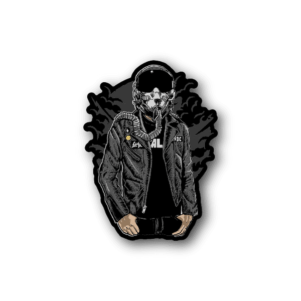 Pilot helmet vinyl sticker of a rider in jacket and helmet, black and gray design