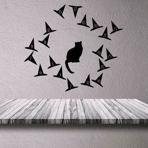 Black cat and witch hat wall decal with numbered arrows for game.