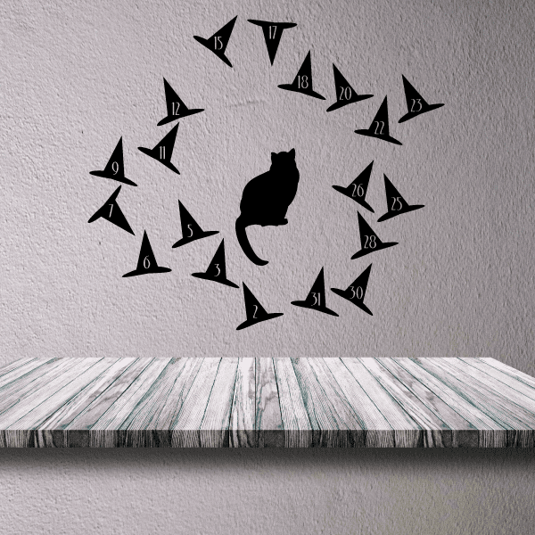 Black cat and witch hat wall decal with numbered arrows for game.