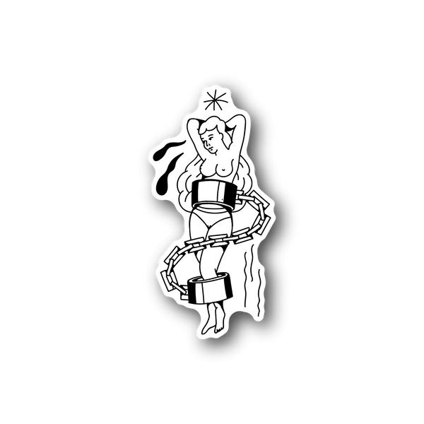 Vinyl sticker of pin-up woman with handcuffs, stylized white outline