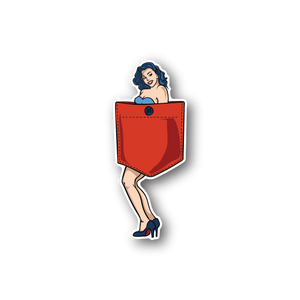 Vinyl sticker of pin-up girl in a red jacket pocket, blue hair, white outline