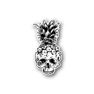 Skull vinyl sticker with pineapple head, black-and-white outline