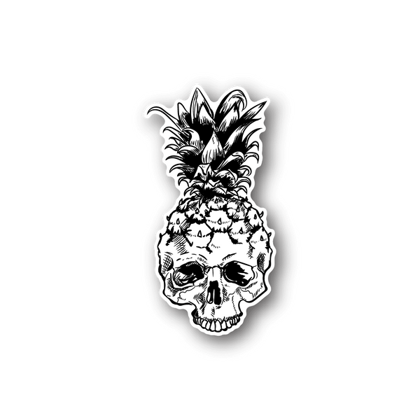 Skull vinyl sticker with pineapple head, black-and-white outline