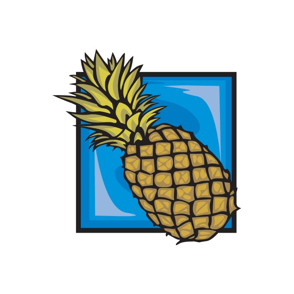 Pineapple sticker featuring a golden pineapple with spiky green leaves on blue frame