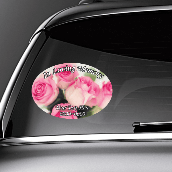Round memorial sticker: pink roses, “In Loving Memory”, “Your Text Here”, phone number