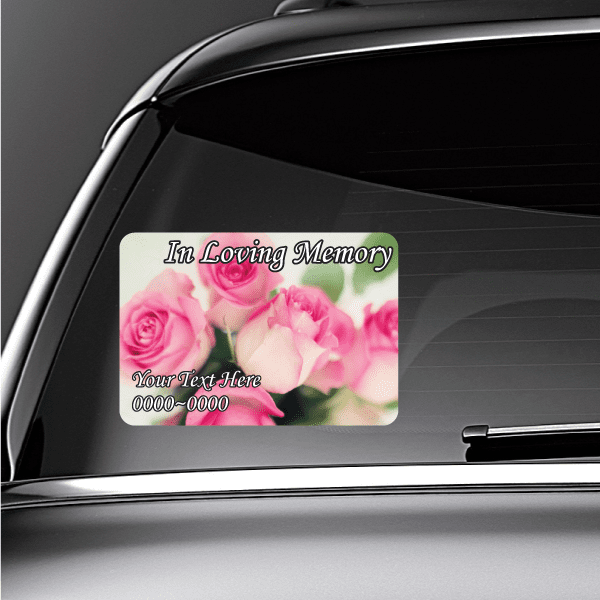 Custom memorial sticker with pink roses and 'In Loving Memory' text, 'Your Text Here' space