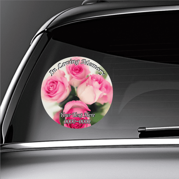 Circular memorial sticker with pink roses and 'In Loving Memory', 'Your Text Here' 000-0000