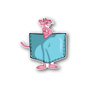 Pink cat vinyl sticker peeking from a teal pocket
