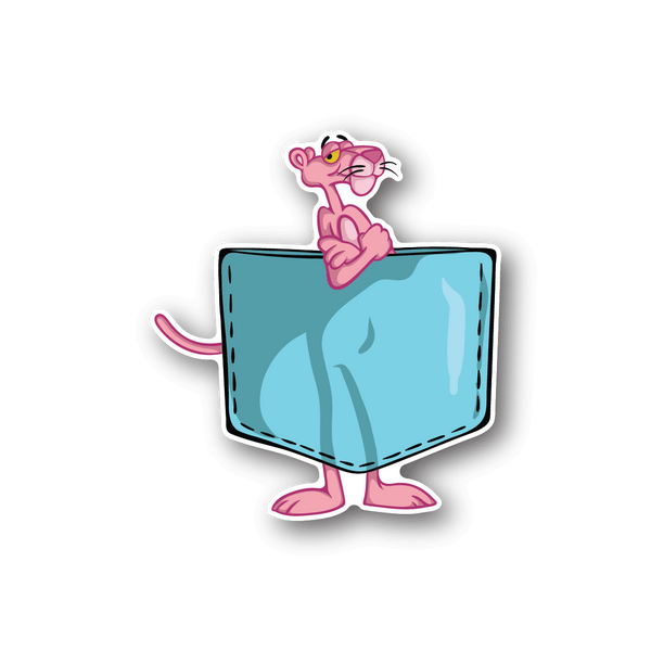 Pink cat vinyl sticker peeking from a teal pocket