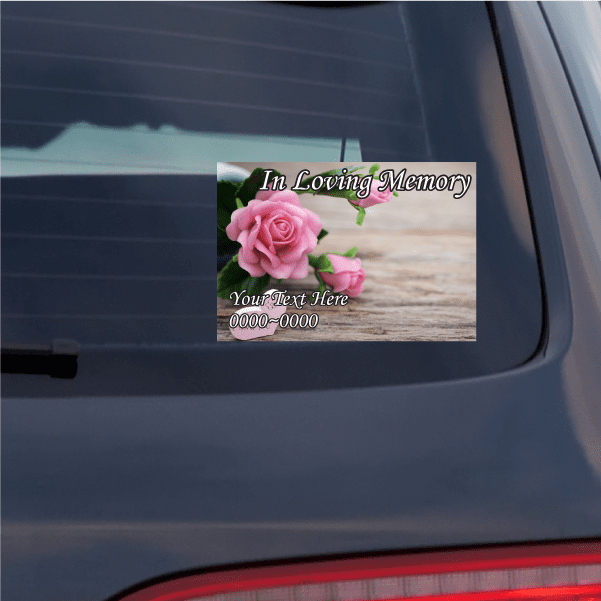 Pink roses memorial sticker with In Loving Memory and custom text