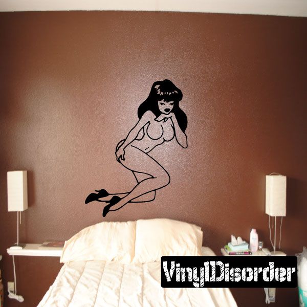 Pinup woman wall decal, black sitting silhouette in heels