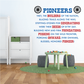 Pioneers wall decal with bold quote text and wagon-wheel icons