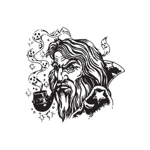 Smoking wizard decal with long hair, beard, and pipe, black and white line art