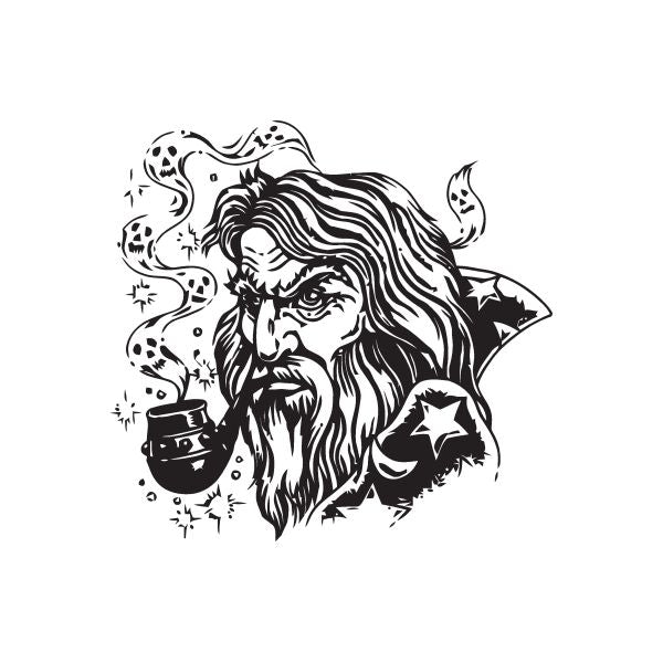 Smoking wizard decal with long hair, beard, and pipe, black and white line art