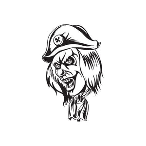 Pirate clown head decal with pirate hat and grin, black-and-white cartoon style