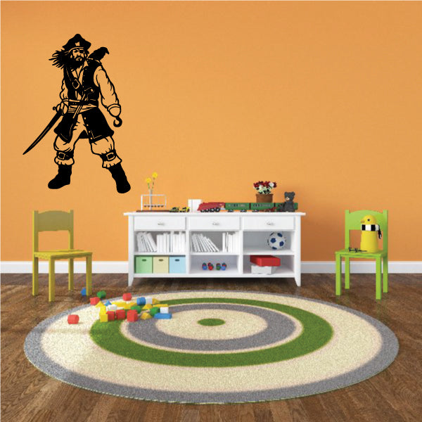 Pirate decal of a standing pirate with hat and sword, black silhouette