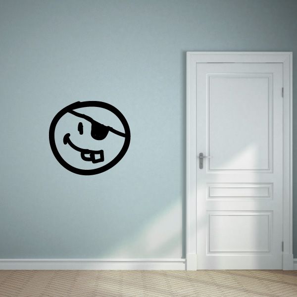 Black circular pirate emoticon vinyl wall decal with small skull and eyepatch