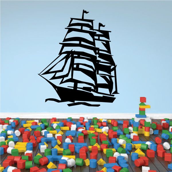 Pirate ship wall decal with black silhouette and blue stripe details