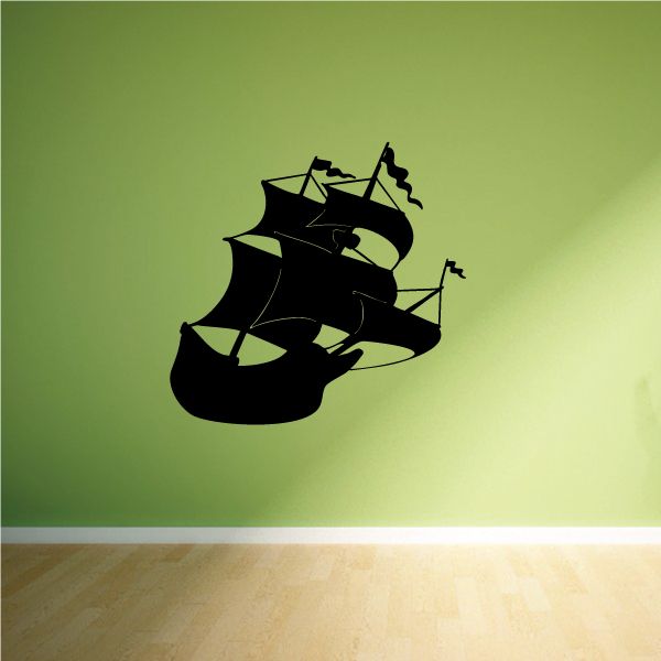 Black pirate ship wall decal with sails and flag