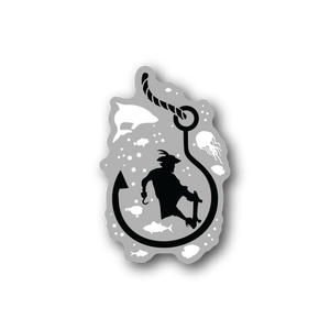 Pirate vinyl sticker with black-and-white silhouette holding a sword in an oval