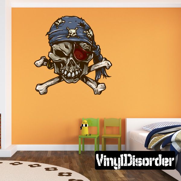 Pirate skull and crossbones wall sticker with dark hat, red eyes, and white bones