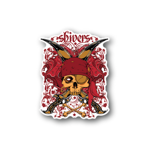 Pirate skull vinyl sticker with red ornamental wings and black hat, skull face center