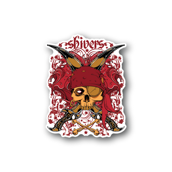 Pirate skull vinyl sticker with red ornamental wings and black hat, skull face center