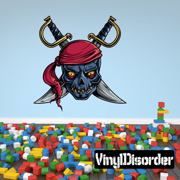 Pirate skull sticker with red bandana and crossed swords, colorful vinyl design