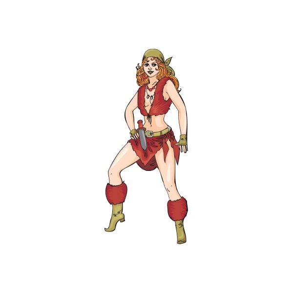 Pirate woman sticker with red corset, tricorn hat, gold belt, and tall boots