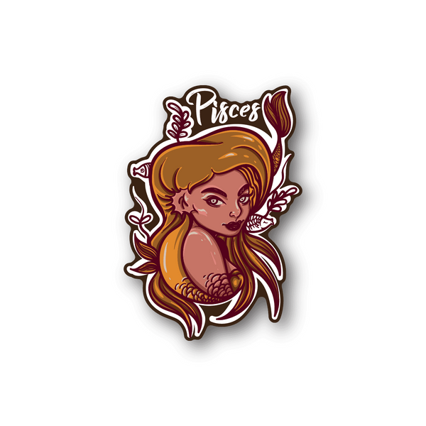 Pisces zodiac vinyl sticker with mermaid-like face and shell, purple and gold