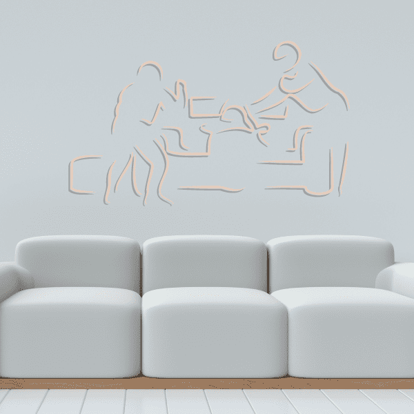 Pit stop line drawing wall sticker with two mechanics and pit equipment outline