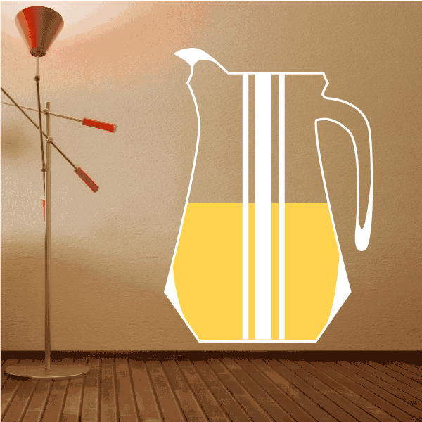 Orange juice pitcher sticker, white outline with yellow liquid and vertical stripes.