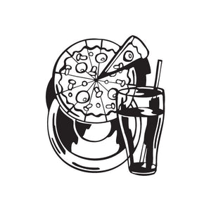 Pizza and soda decal with black line art of pizza slice and soda cup with straw