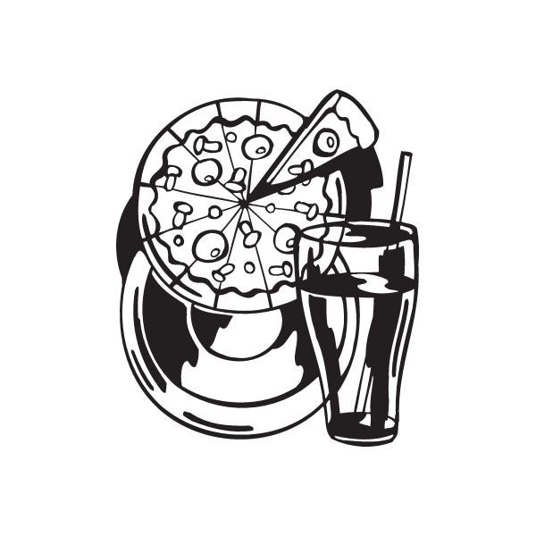 Pizza and soda decal with black line art of pizza slice and soda cup with straw