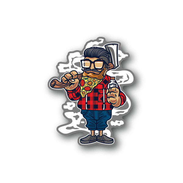 Vinyl sticker of hipster man with glasses holding pizza slice, plaid shirt, beard