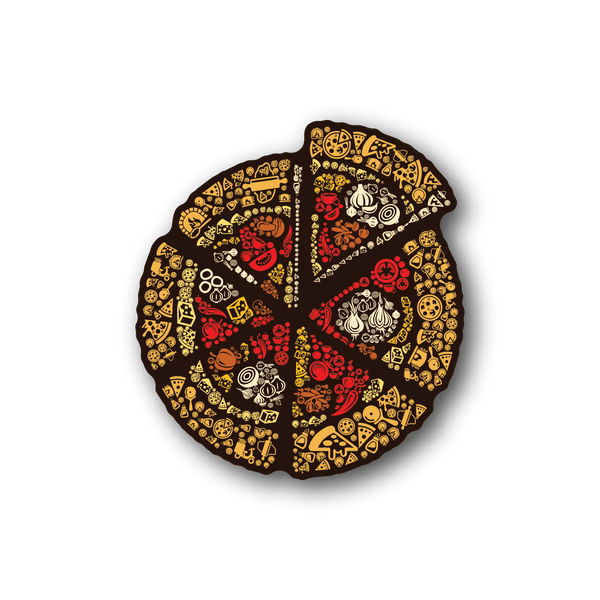 Pizza collage vinyl sticker, round slice design with colorful food icons