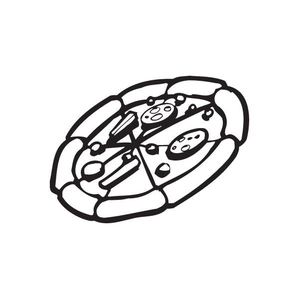 Pizza decal with black-and-white cartoon pizza slices outline