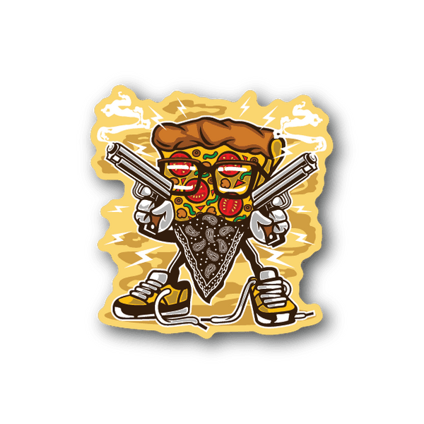 Pizza gangster vinyl sticker with masked face, hat, lightning, and two pistols