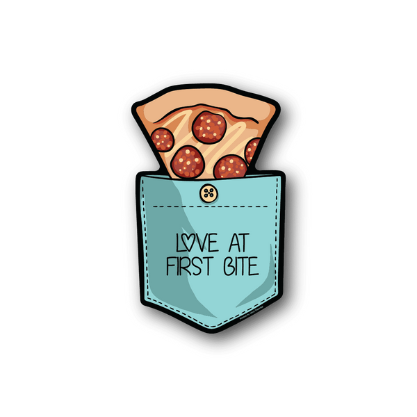 Vinyl sticker with pizza slice and 'Love at First Bite' text