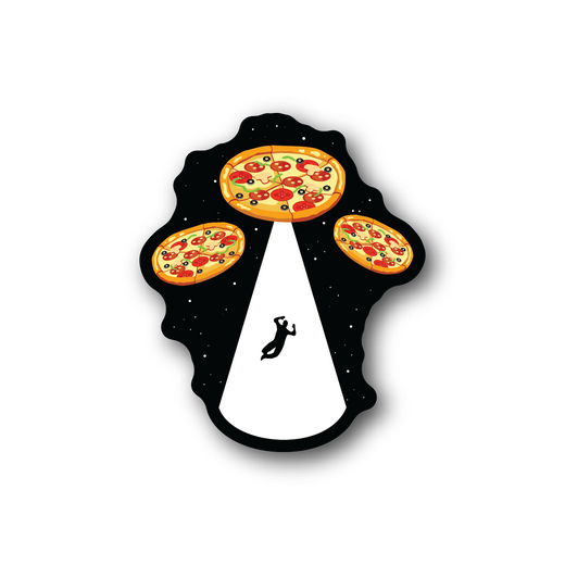 Pizza UFO vinyl sticker with pizza saucer, three slices, and astronaut silhouette
