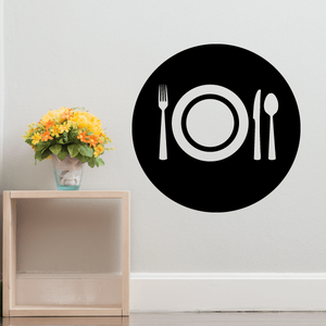 Circular black dining cutlery decal with white plate, fork, knife, and spoon icons