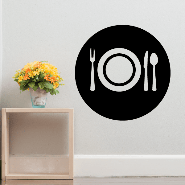 Circular black dining cutlery decal with white plate, fork, knife, and spoon icons