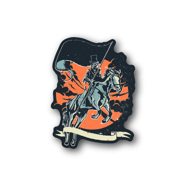 Vinyl sticker of plague doctor riding a horse, orange flames and dark graphics