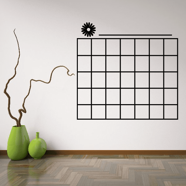 Monthly calendar wall decal with flower accent, black grid and header