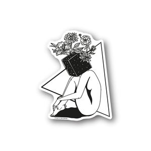 Plant head girl vinyl sticker with flowers and leafy pot, black outline
