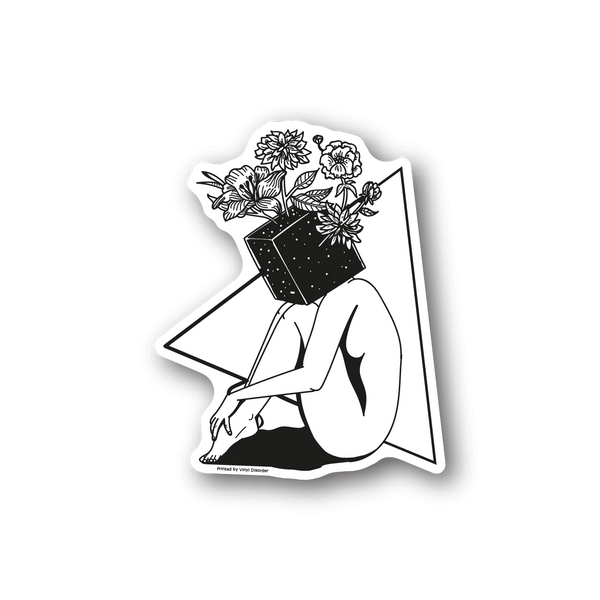Plant head girl vinyl sticker with flowers and leafy pot, black outline