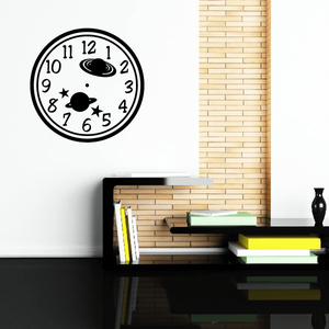 Clock face wall decal: black circle with planets, stars, and clock numbers
